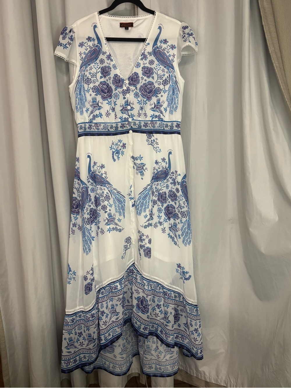 White Maxi Dress with Blue Floral & Peacock Print